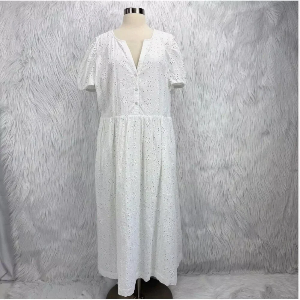 J. Crew Factory Eyelet Midi Dress Puff Sleeve Boho Summer Graduation‎ Coastal